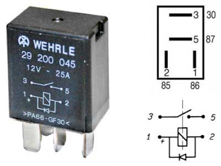 WEHRLE Mikrorele 12V 25A 4-napainen, DIODILLA